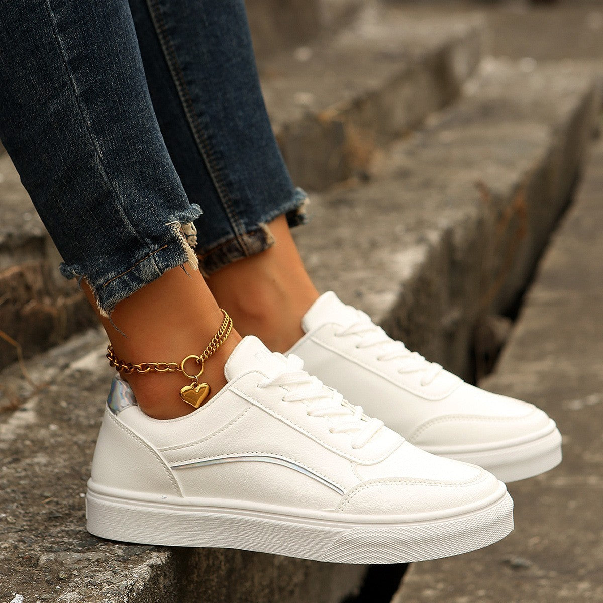 Lace-up White Round Toe Casual Shoes For Women