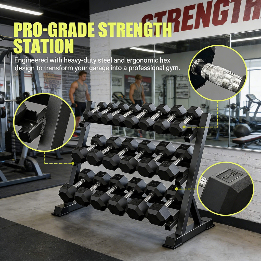Rovix 450-Pounds Rubber Hex Dumbbell Set With Rack (SAK90714)