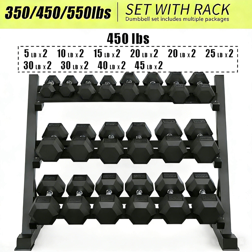 Rovix 450-Pounds Rubber Hex Dumbbell Set With Rack (SAK90714)