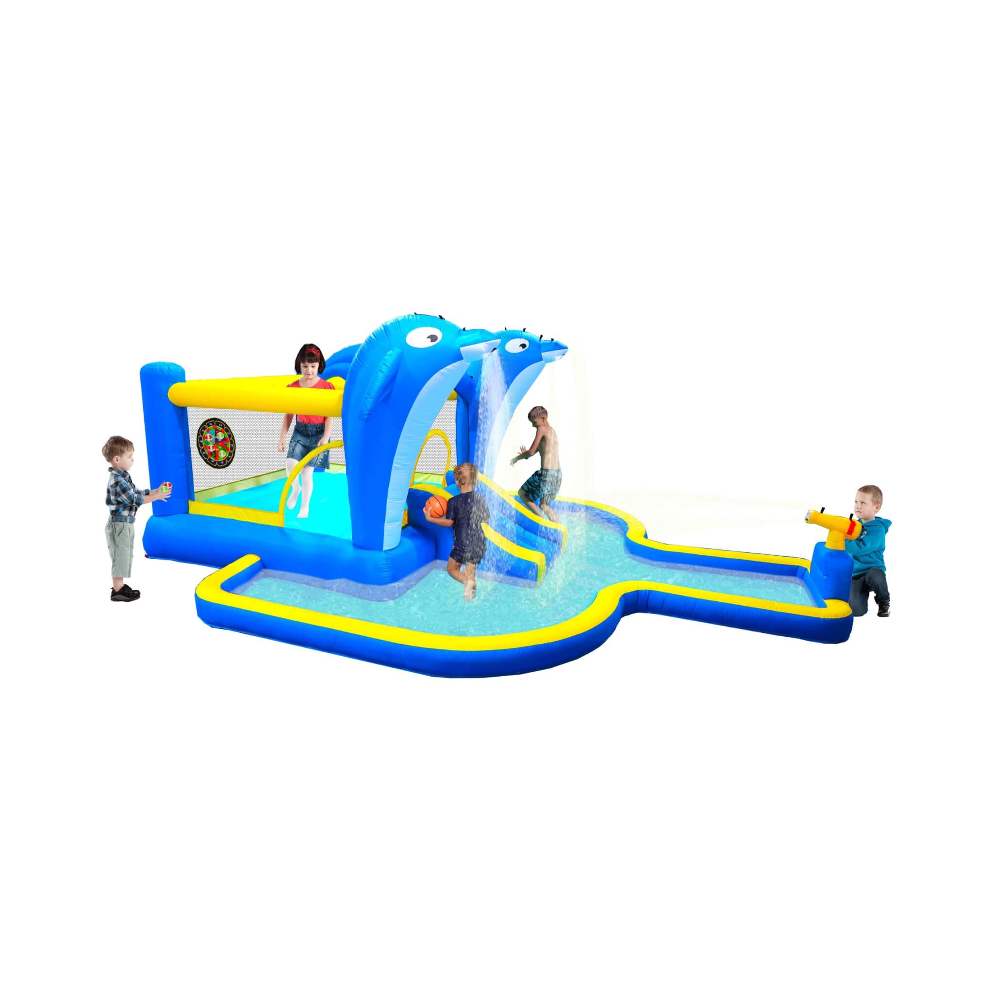 8-In-1 Inflatable Water Park Bounce House with Sprinkler, Water Gun, And Basketball Hoop (SAK38152)