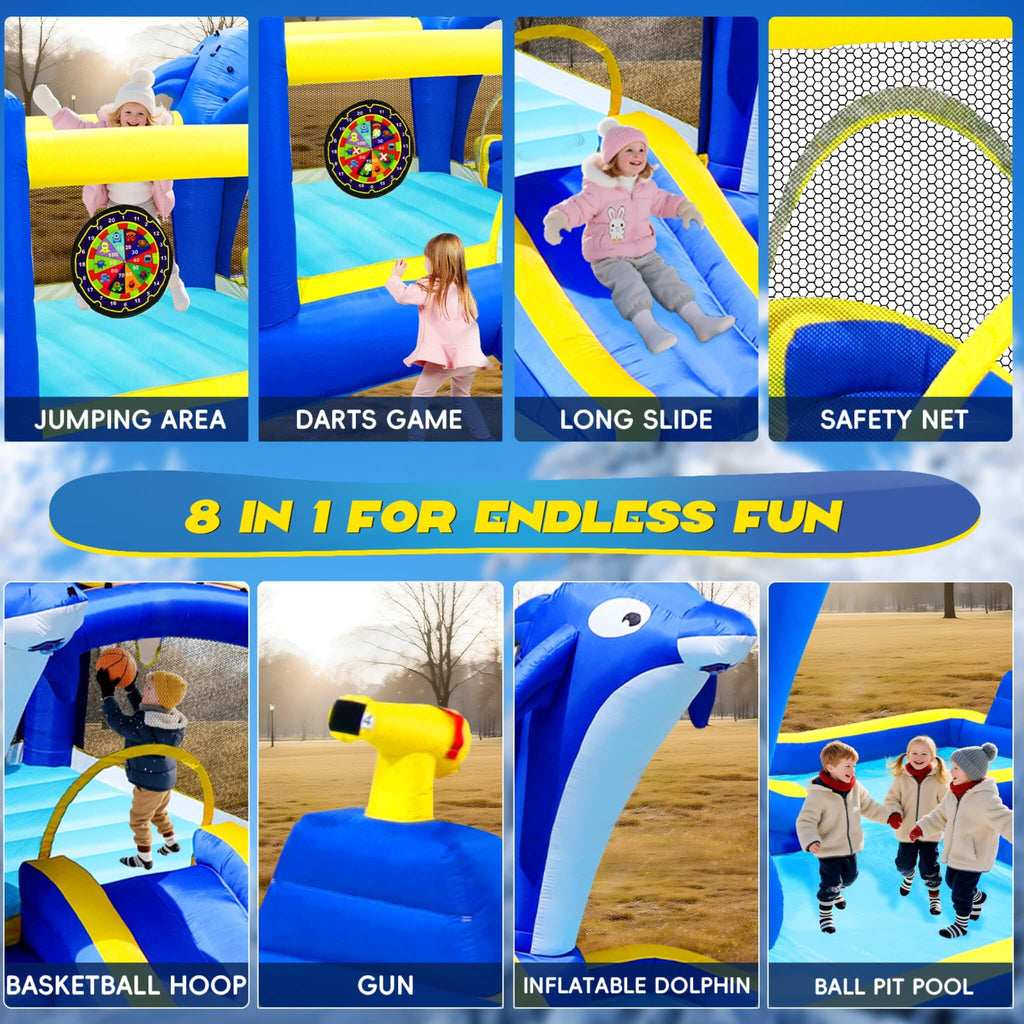 8-In-1 Inflatable Water Park Bounce House with Sprinkler, Water Gun, And Basketball Hoop (SAK38152)
