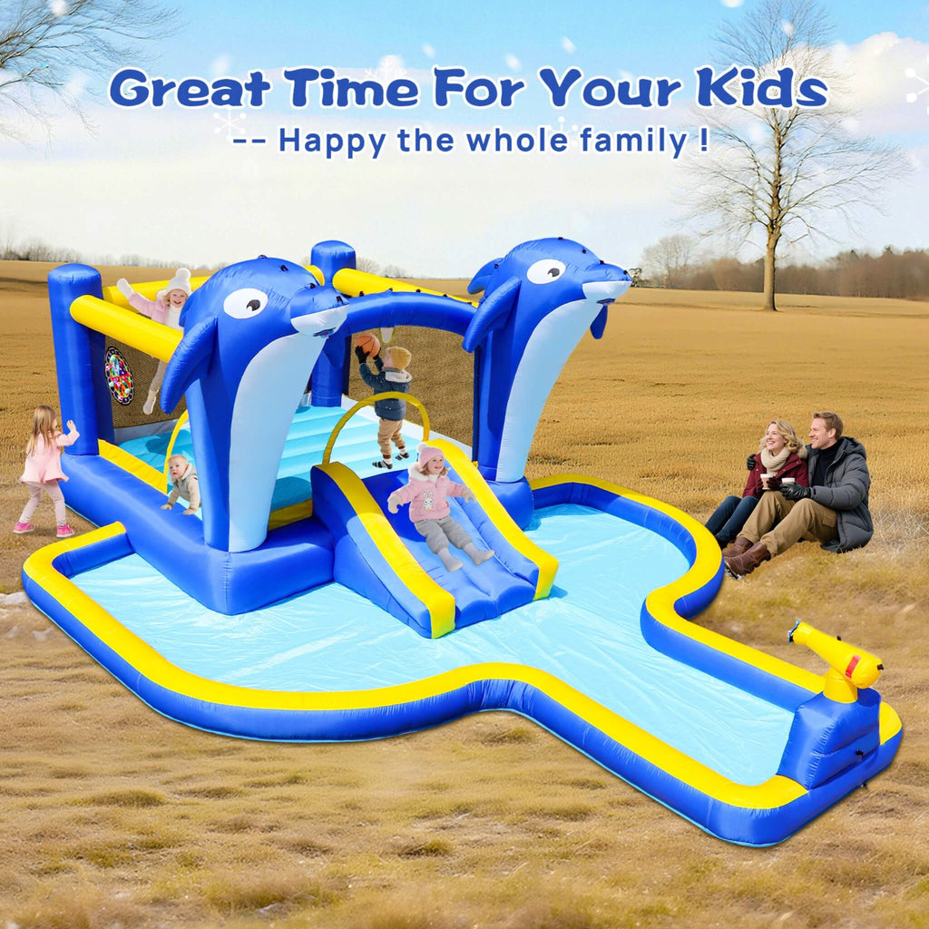 8-In-1 Inflatable Water Park Bounce House with Sprinkler, Water Gun, And Basketball Hoop (SAK38152)