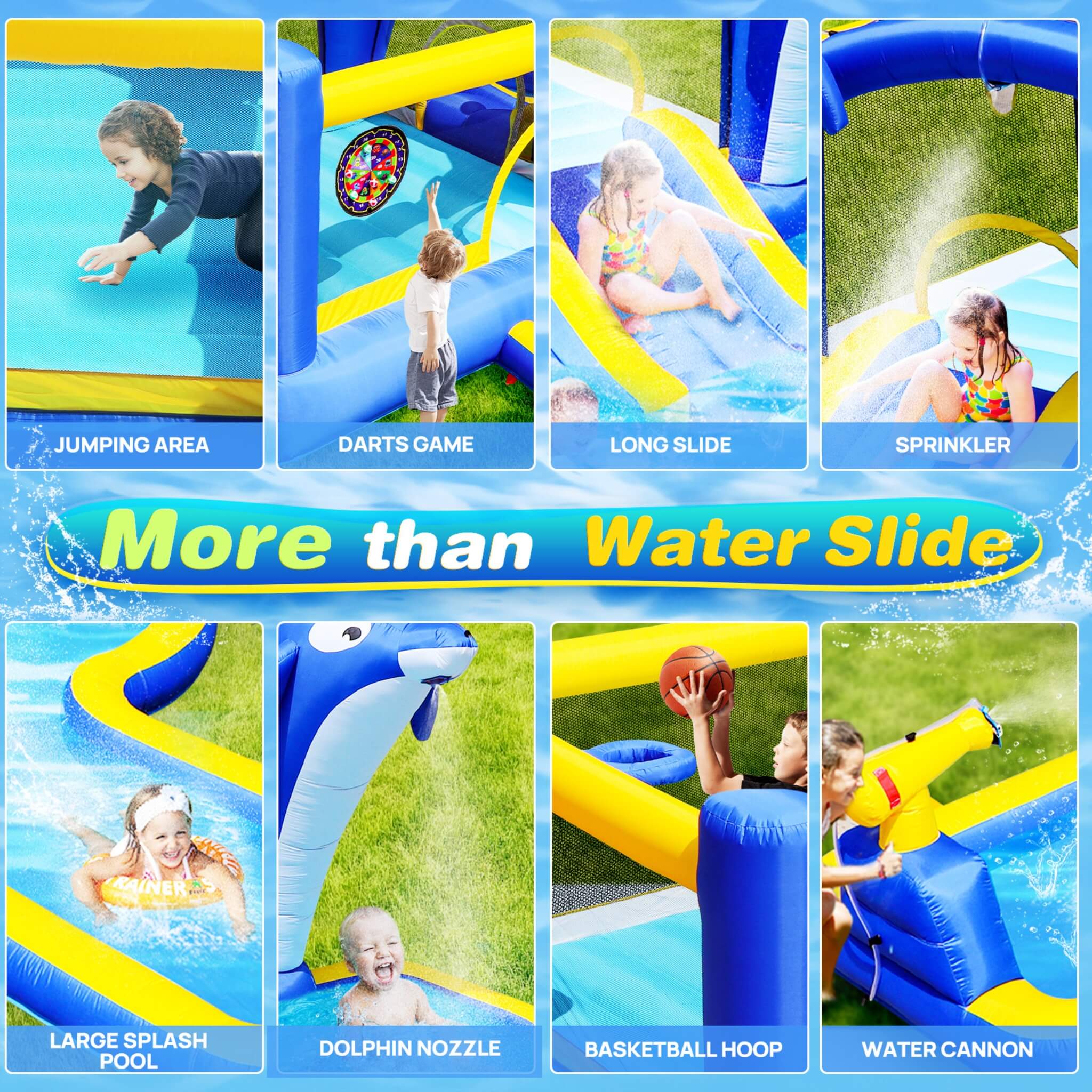 8-In-1 Inflatable Water Park Bounce House with Sprinkler, Water Gun, And Basketball Hoop (SAK38152)