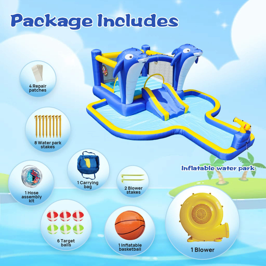 8-In-1 Inflatable Water Park Bounce House with Sprinkler, Water Gun, And Basketball Hoop (SAK38152)