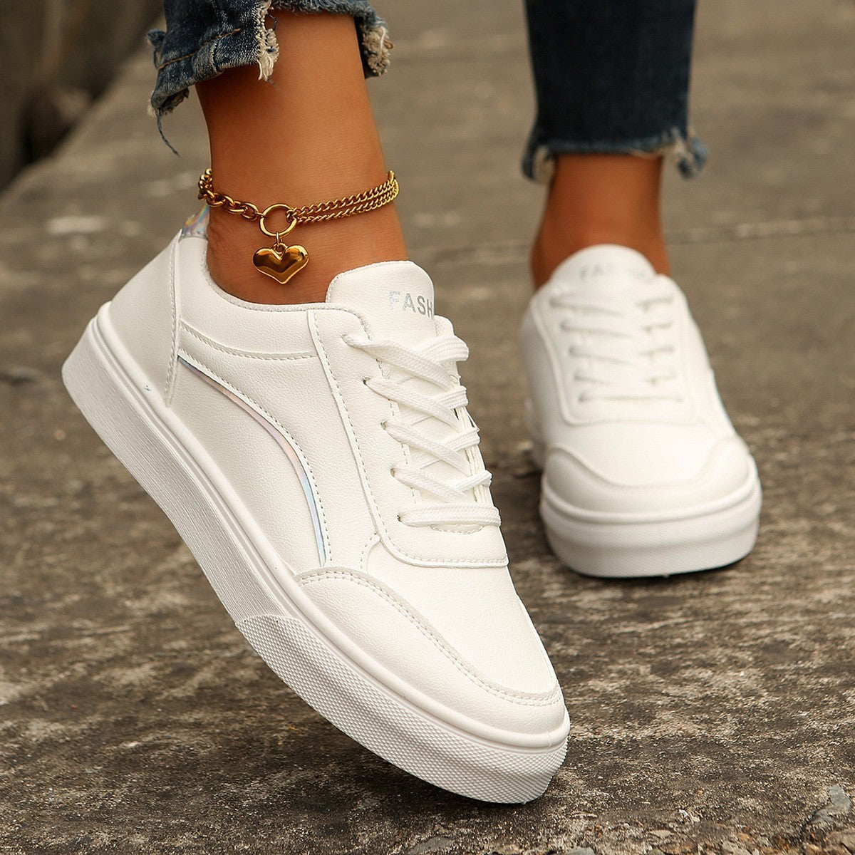 Lace-up White Round Toe Casual Shoes For Women