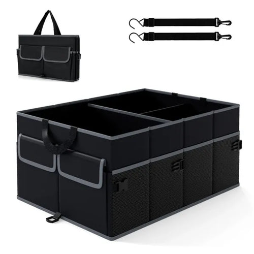 13 Gallon Car Trunk Organizer - 3 Compartments+6 Pockets, 600D Oxford Fabric, Non-Slip Base, Black